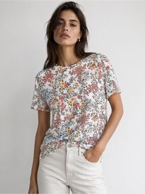 Abercrombie & Fitch Soft A&F Tee Floral Print T-Shirt White Pink Yellow Size L
